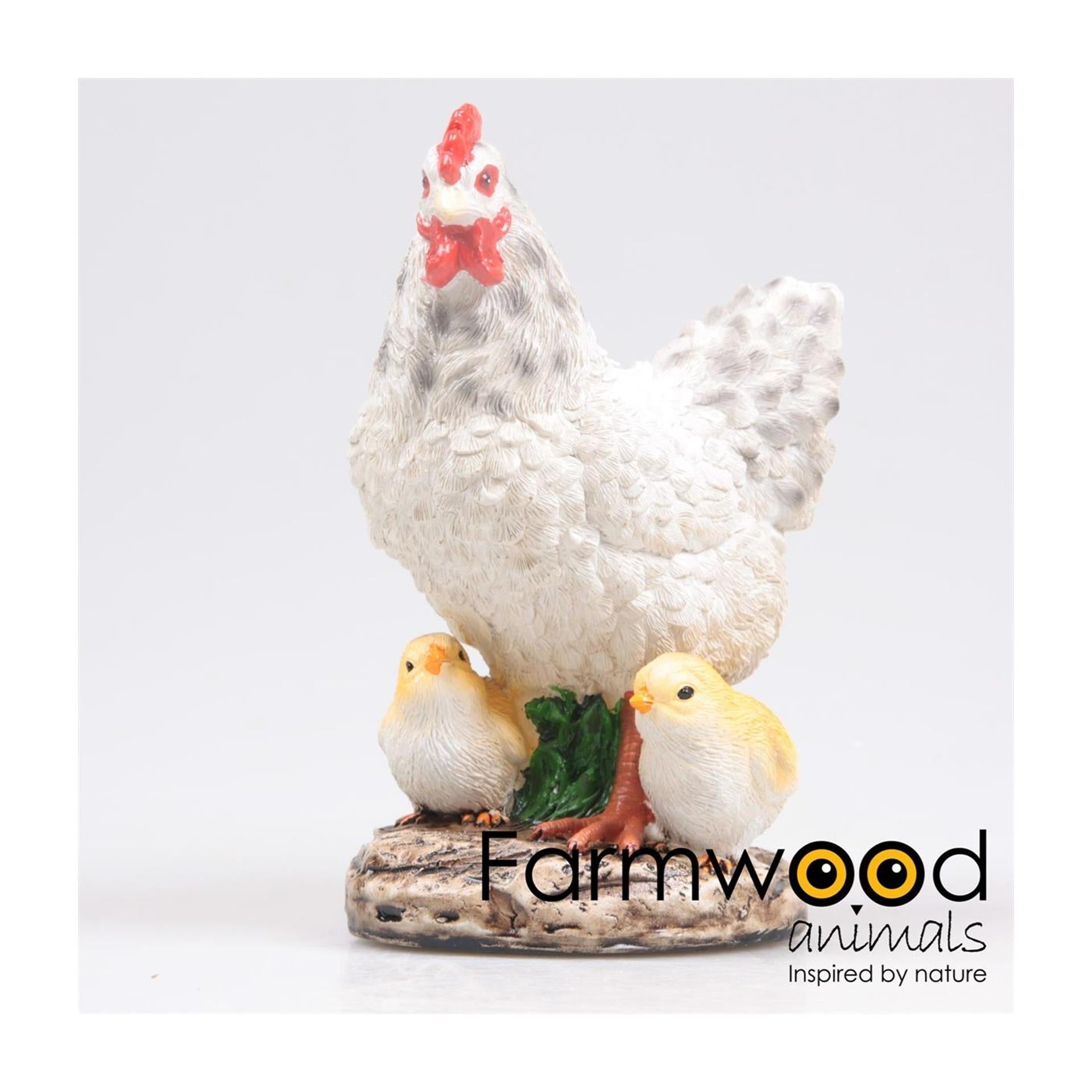 Statue de jardin animaux de ferme poulet avec poussin blanc 15x11x20cm