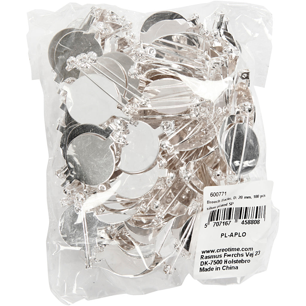 Broche broche Creativ company, d 20 mm, plaqué argent, 100 pièces 1 boîte