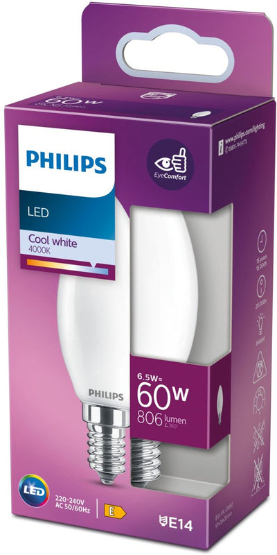 Lampe LED Philips - lampe bougie avec culot E14 - lumière blanc froid : 4000k - 60w - verre dépoli