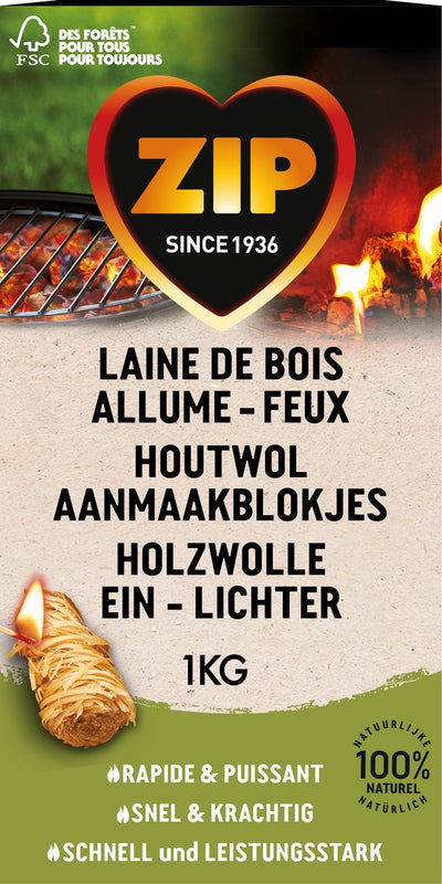 Allume-feu Zip 1 kilo - allume-feu cheminée BBQ - naturel et inodore - laine de bois - 1 sachet (+- 85 pièces)