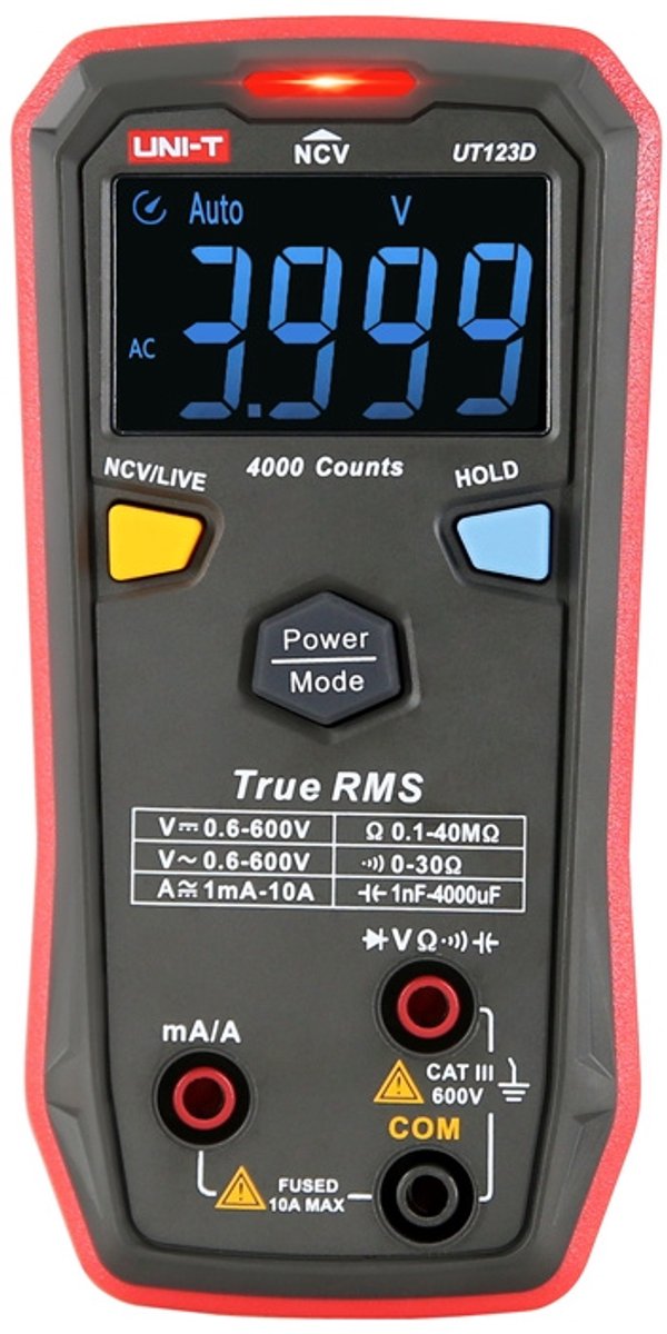 Multimètre numérique Uni-T UT123D True RMS intelligent à un bouton 4000 points Cat III 600 V