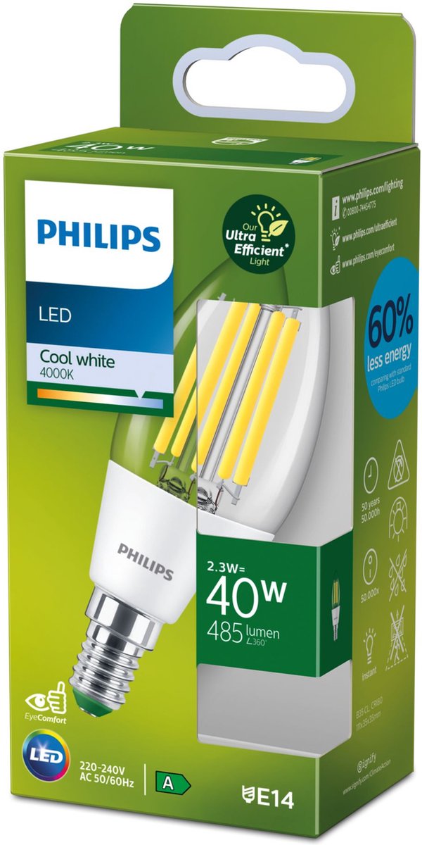 Philips LED Lampe bougie LED ultra efficace Philips transparente - 40 W - E14 - lumière blanc froid
