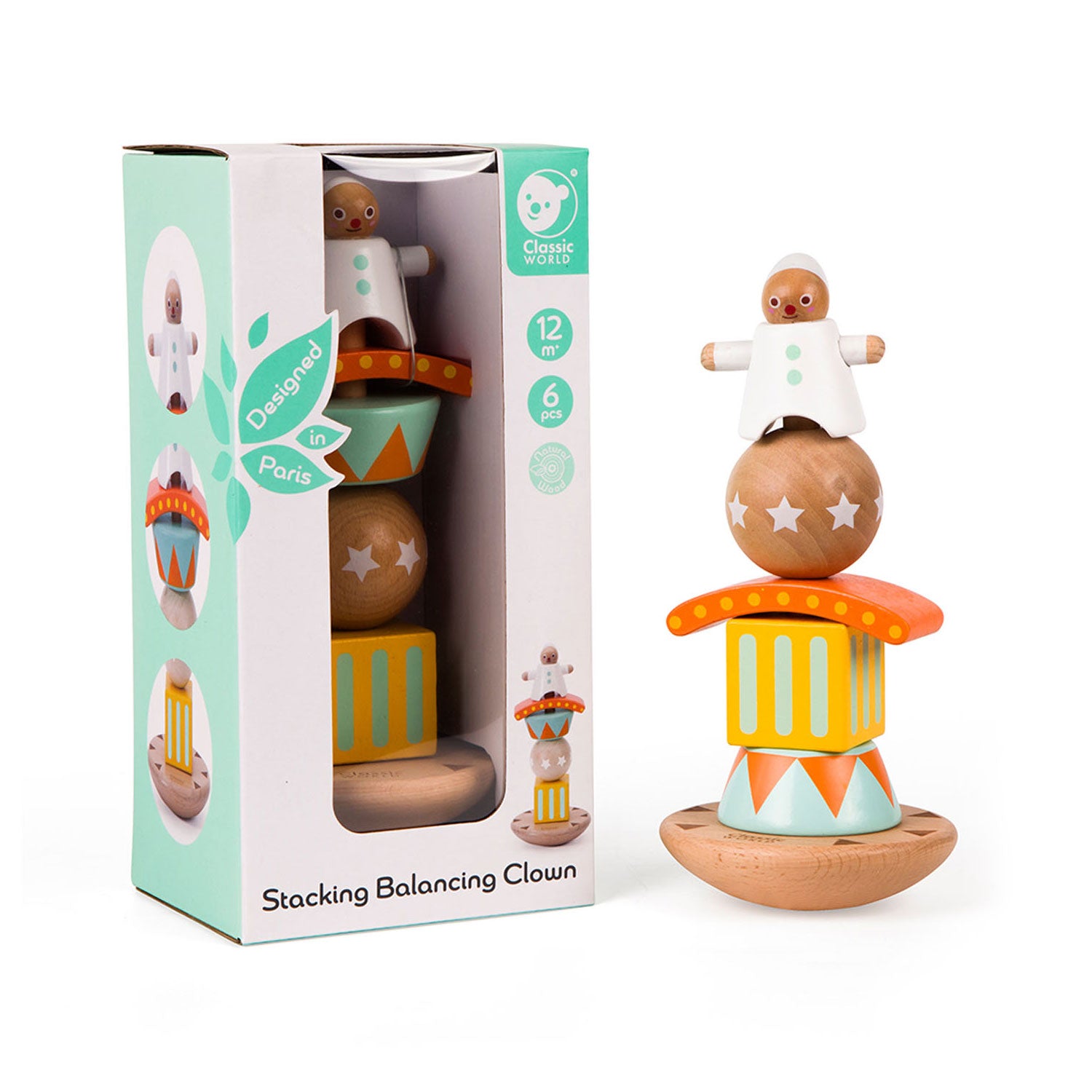 Classic World World Wooden Stack et Balanspel Clown, 6DLG.