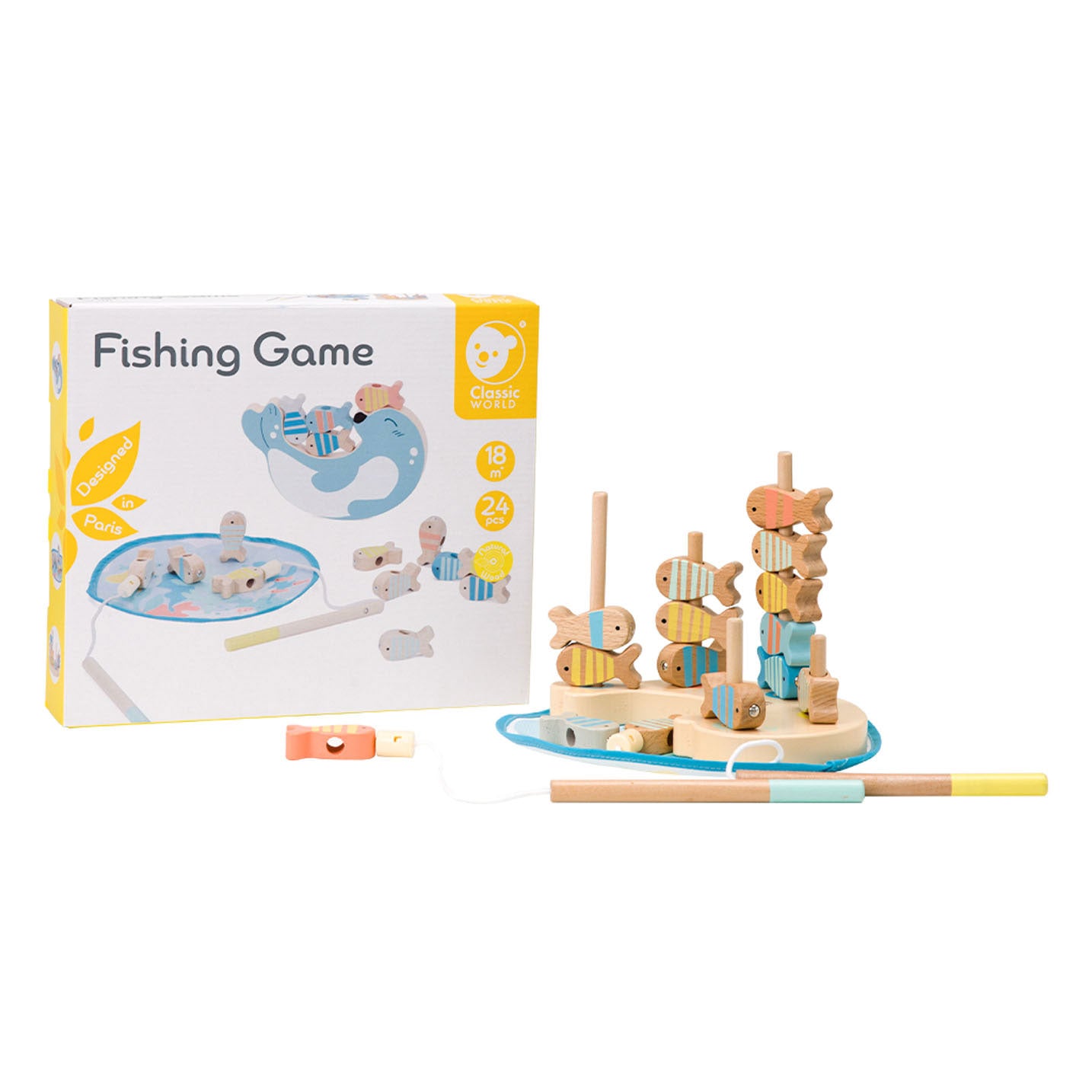 Sceau de jeu de poisson en bois mondial classique, 24dlg.