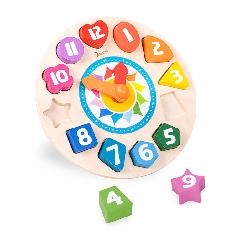 Horloge d'apprentissage en bois du monde classique du monde avec des formes tic-tac, 15dlg.