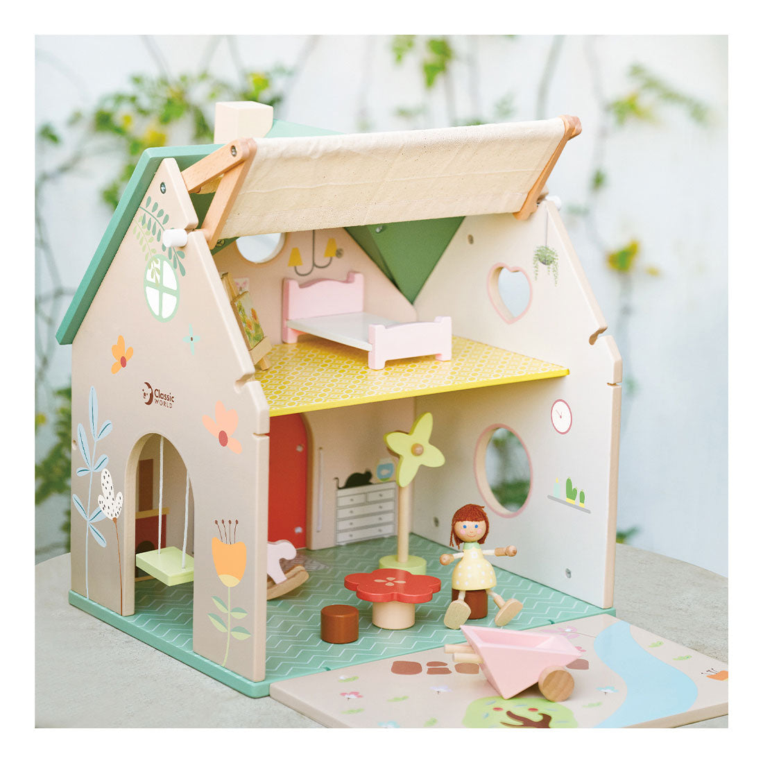 Classic World World Wooden Dollhouse avec jardin, 10dlg.