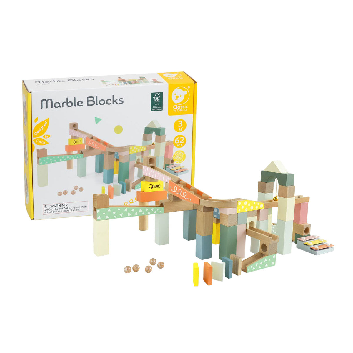 Classic World World Wooden Knikkerbaan Bouwset, 62dlg.