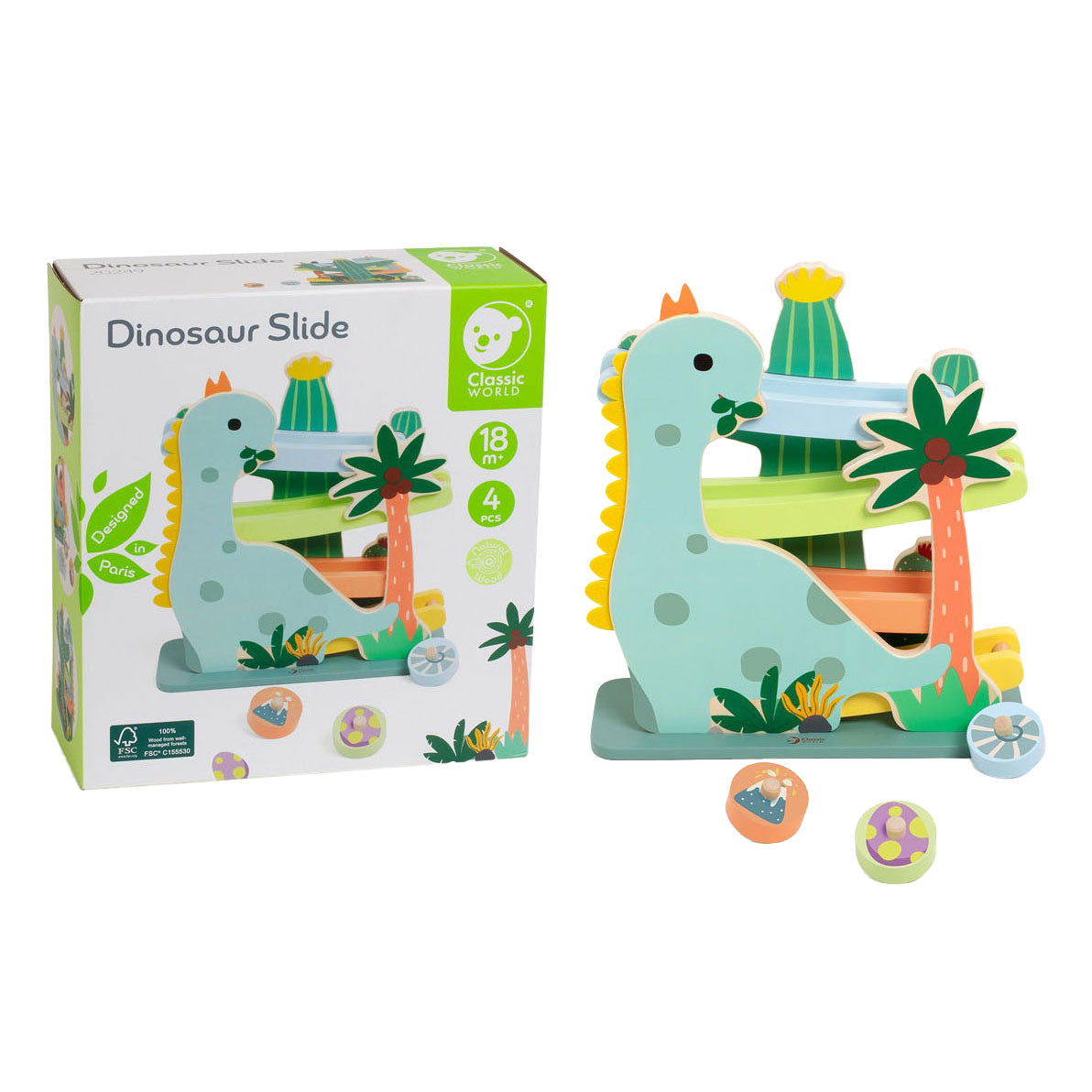 Classic World Wood Ballenbaan Dinosaurus, 4dlg.