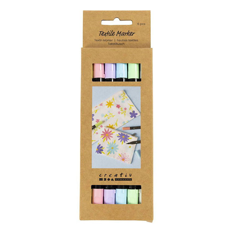 Marqueurs textiles Creativ company, largeur de trait 2,3 + 3,6 mm, couleurs pastel, 6 pièces 1 boîte