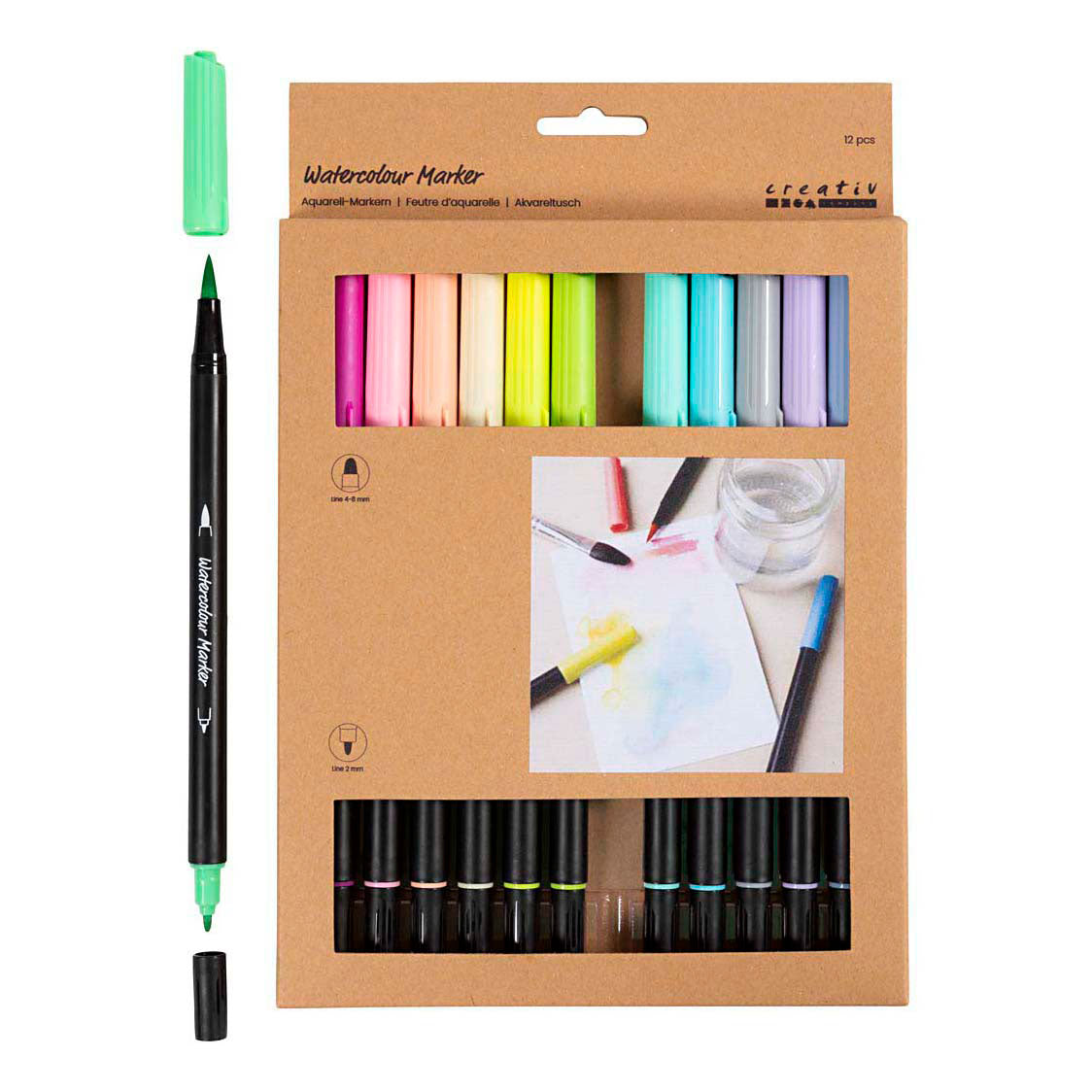 Marqueur aquarelle Creativ company, pastel, largeur de trait 2+4-8 mm, différentes couleurs, 12 pièces 1 boîte