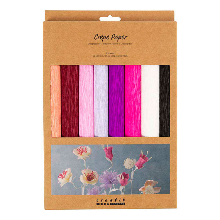 Papier crépon Creativ company, feuille 25x60 cm, taux de crêpe : 180%, 105 gr, harmonie rose violet, 8 feuilles 1 boîte