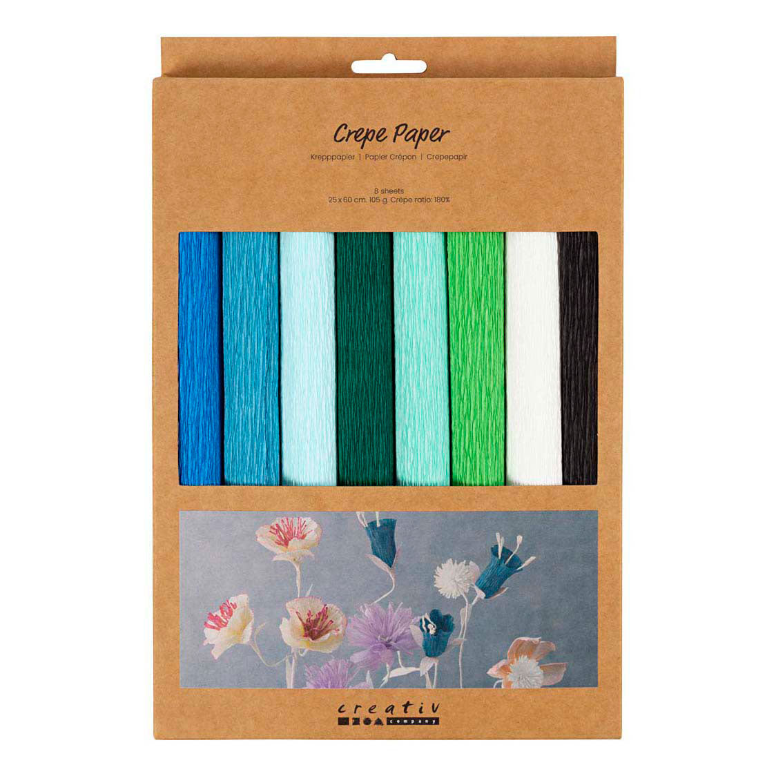 Papier crépon Creativ company, feuille 25x60 cm, taux de crêpe : 180%, 105 gr, harmonie bleu vert, 8 feuilles 1 boîte