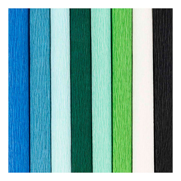 Papier crépon Creativ company, feuille 25x60 cm, taux de crêpe : 180%, 105 gr, harmonie bleu vert, 8 feuilles 1 boîte