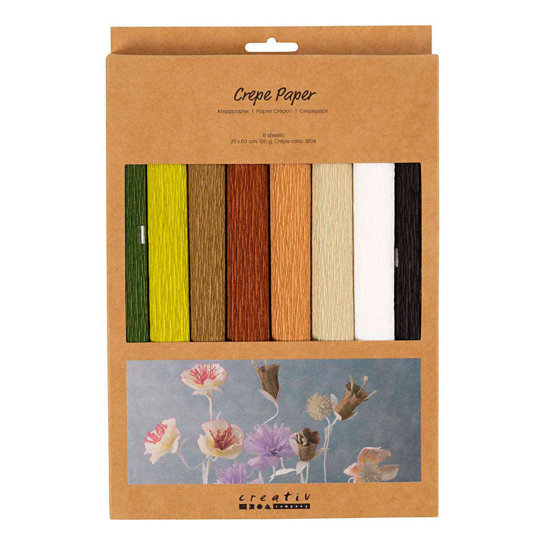 Papier crépon Creativ company, feuille 25x60 cm, taux de crêpe : 180%, 105 gr, naturel, 8 feuilles 1 boîte