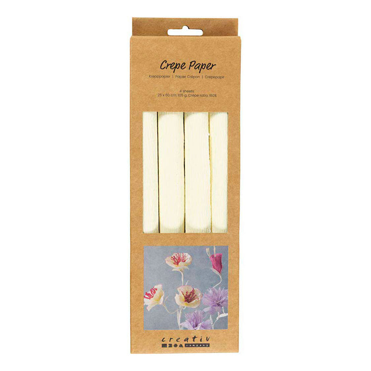 Papier crépon Creativ company, feuille 25x60 cm, taux de crêpe : 180%, 105 gr, blanc cassé, 4 feuilles 1 boîte