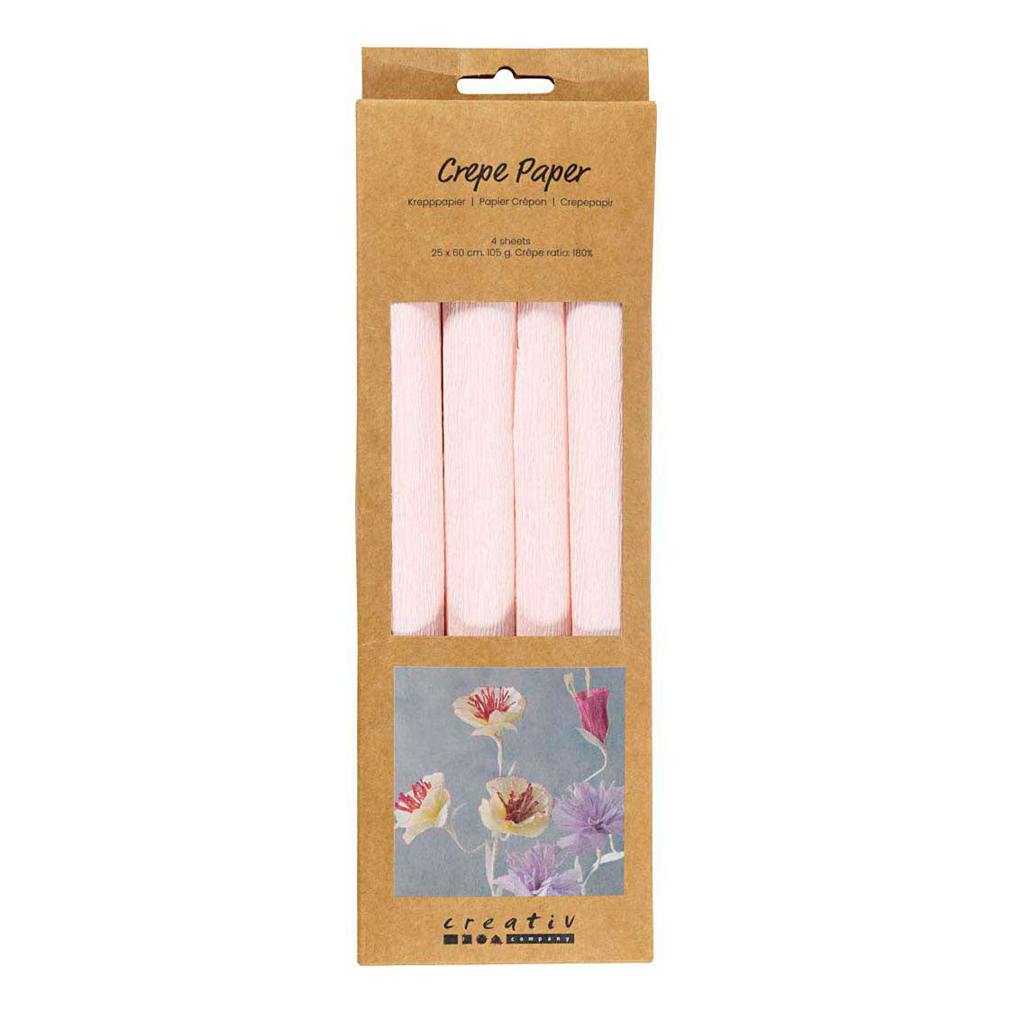 Papier crépon Creativ company, feuille 25x60 cm, taux de crêpe : 180%, 105 gr, rose clair, 4 feuilles 1 boîte