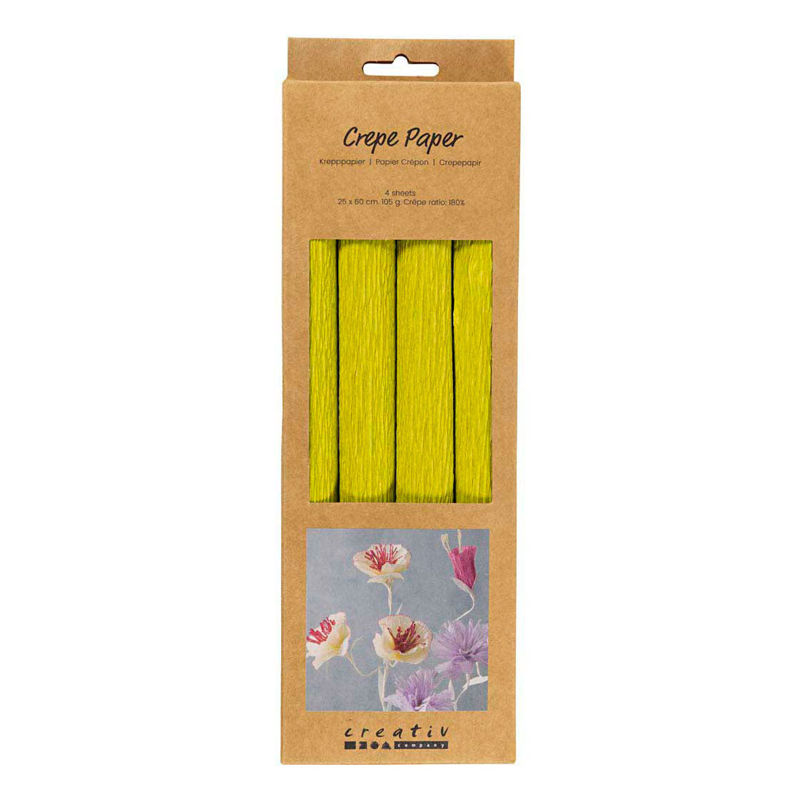 Papier crépon Creativ company, feuille 25x60 cm, taux de crêpe : 180%, 105 gr, vert clair, 4 feuilles 1 boîte