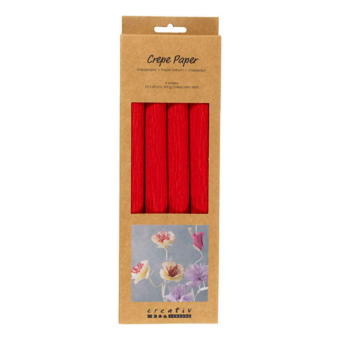 Papier crépon Creativ company, feuille 25x60 cm, taux de crêpe : 180%, 105 gr, rouge, 4 feuilles 1 boîte