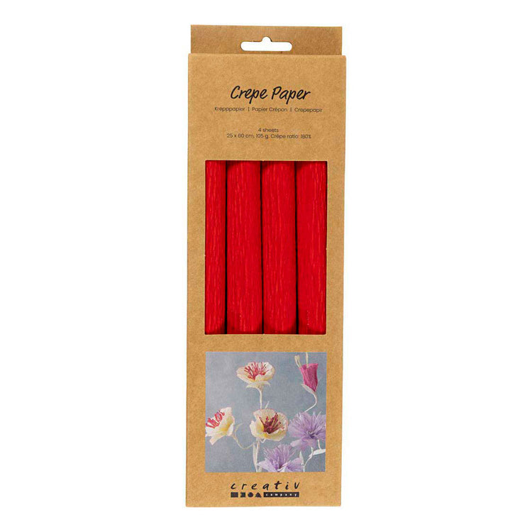 Papier crépon Creativ company, feuille 25x60 cm, taux de crêpe : 180%, 105 gr, rouge, 4 feuilles 1 boîte