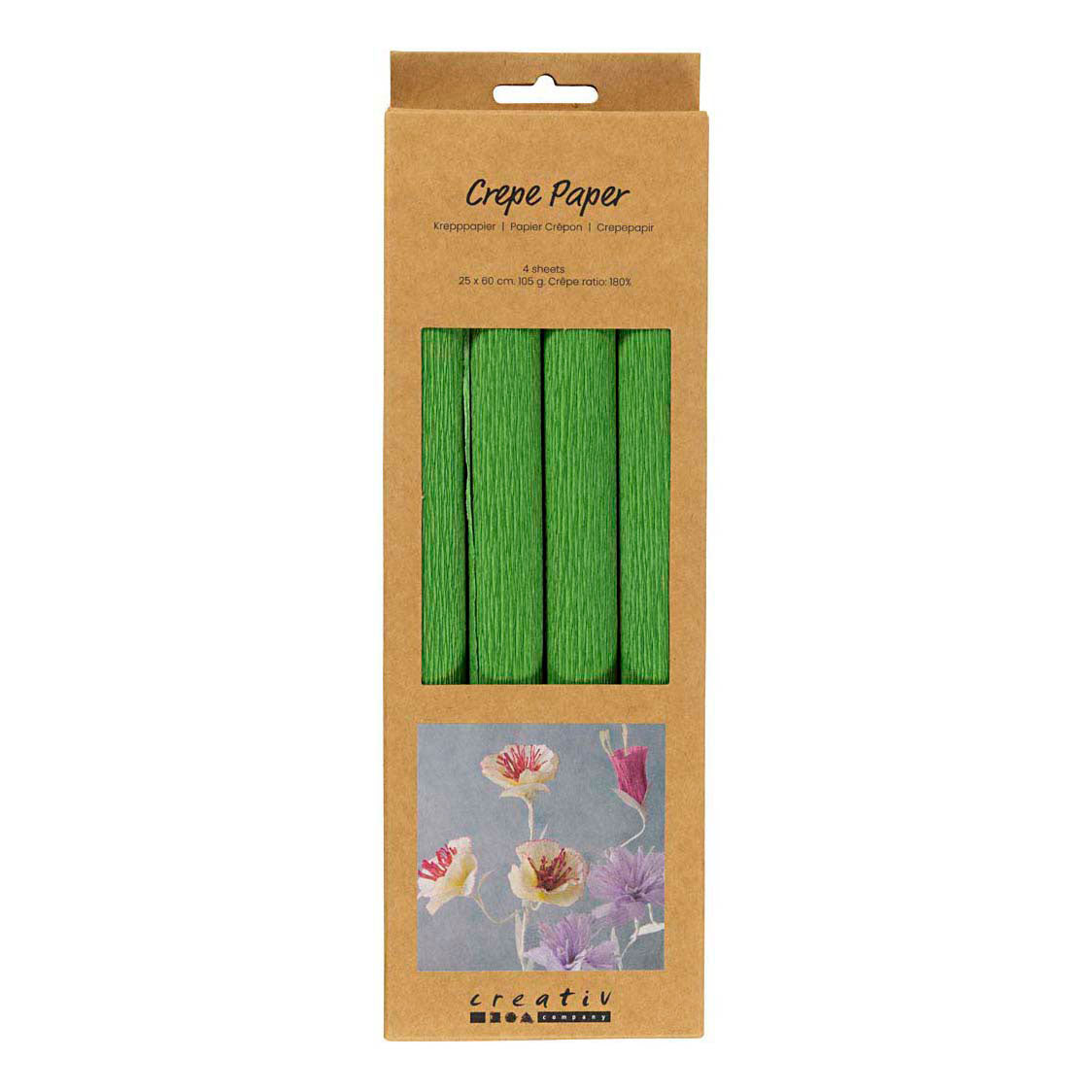 Papier crépon Creativ company, feuille 25x60 cm, taux de crêpe : 180%, 105 gr, vert citron, 4 feuilles 1 boîte