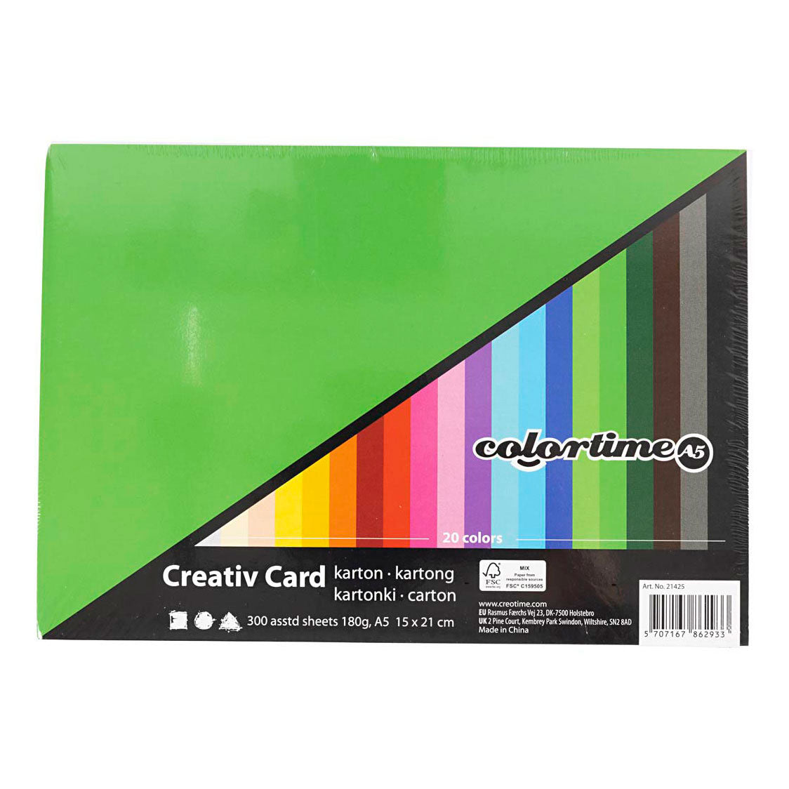 Carton coloré Colortime, a5, feuille 148x210 mm, 180 gr, différentes couleurs, 300 feuilles diverses 1 boîte