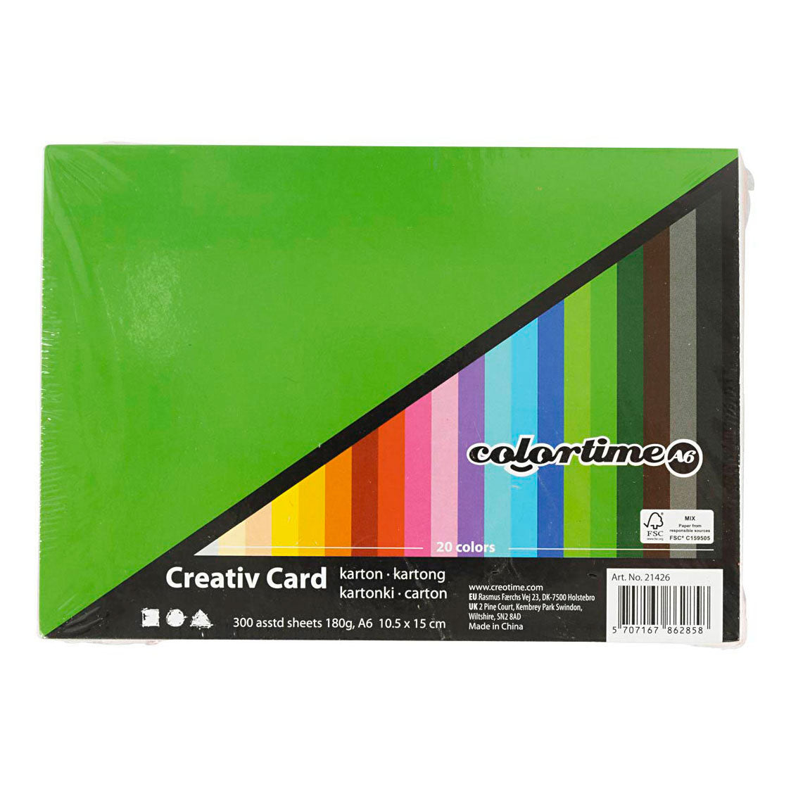 Carton coloré Colortime, a6, feuille 105x148 mm, 180 gr, différentes couleurs, 300 feuilles div 1 boîte