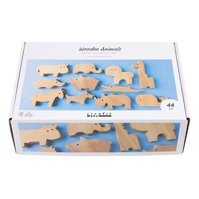 Creativ company animaux en bois, ferme et safari, h : 3-14,5 cm, épaisseur 2 cm, 44 pièces 1 boîte