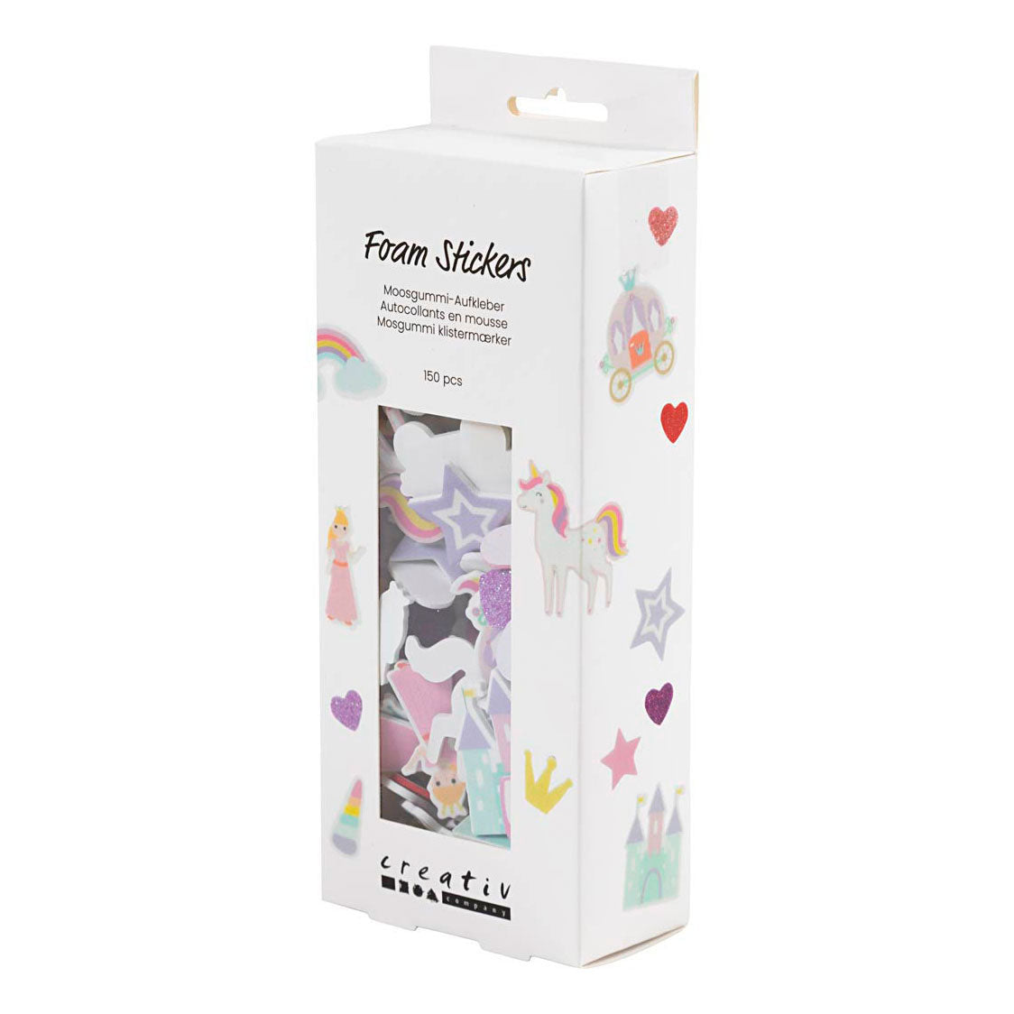 Creativ company Autocollants en mousse coeur, princesse, licorne, autocollants, taille 13-50 mm, harmonie rose violet, 150 pièces 1 boîte