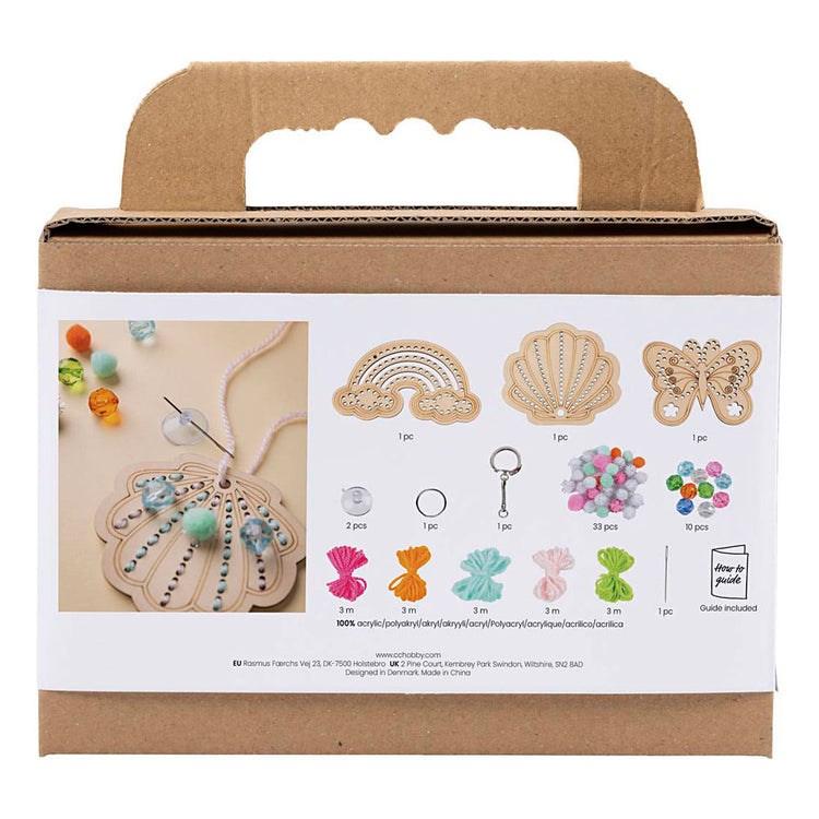 Creativ company mini set de loisirs broderie, papillon, coquillage, arc-en-ciel, différentes couleurs, 1 boîte