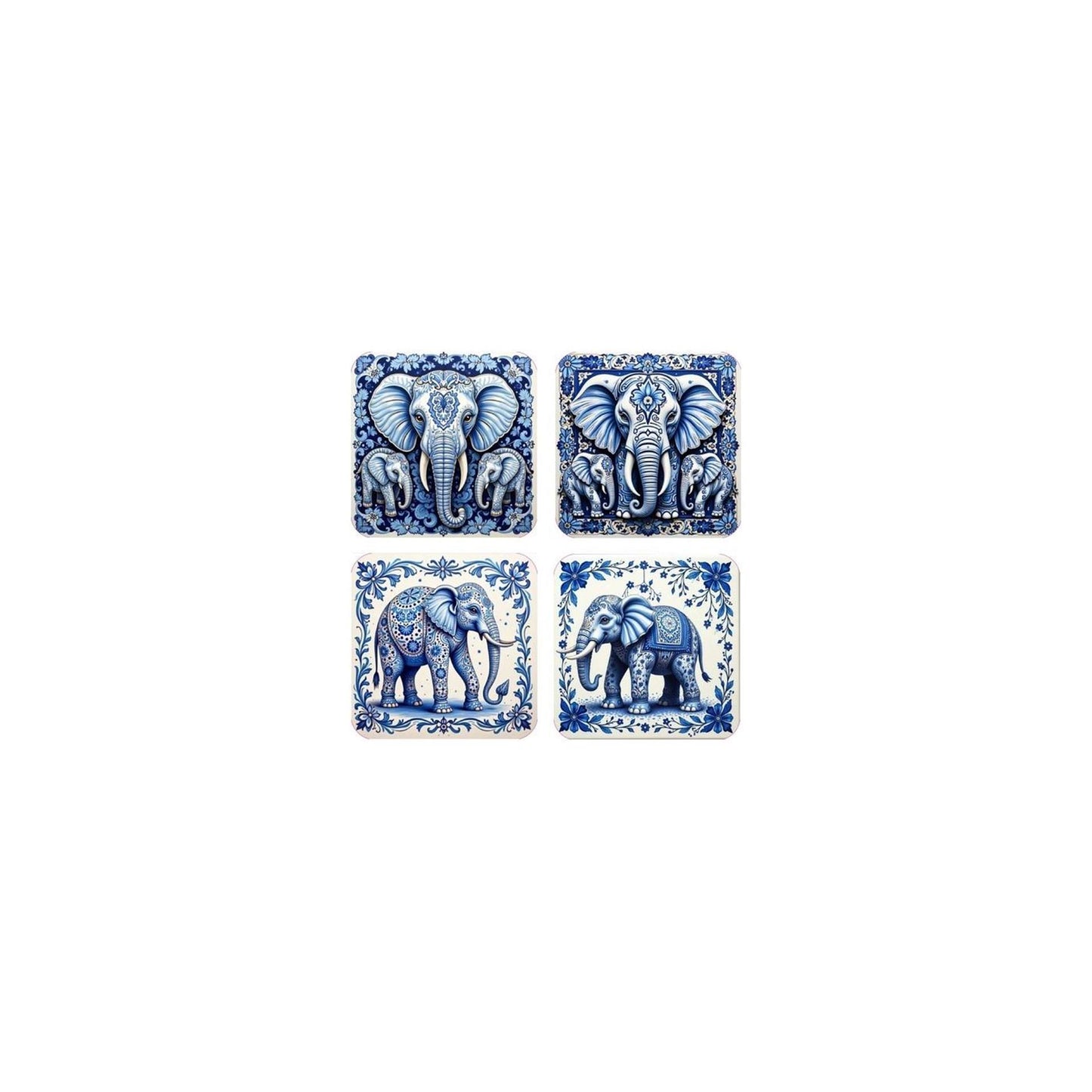 Dessous de verre éléphant bleu blanc lot de 4 pcs
