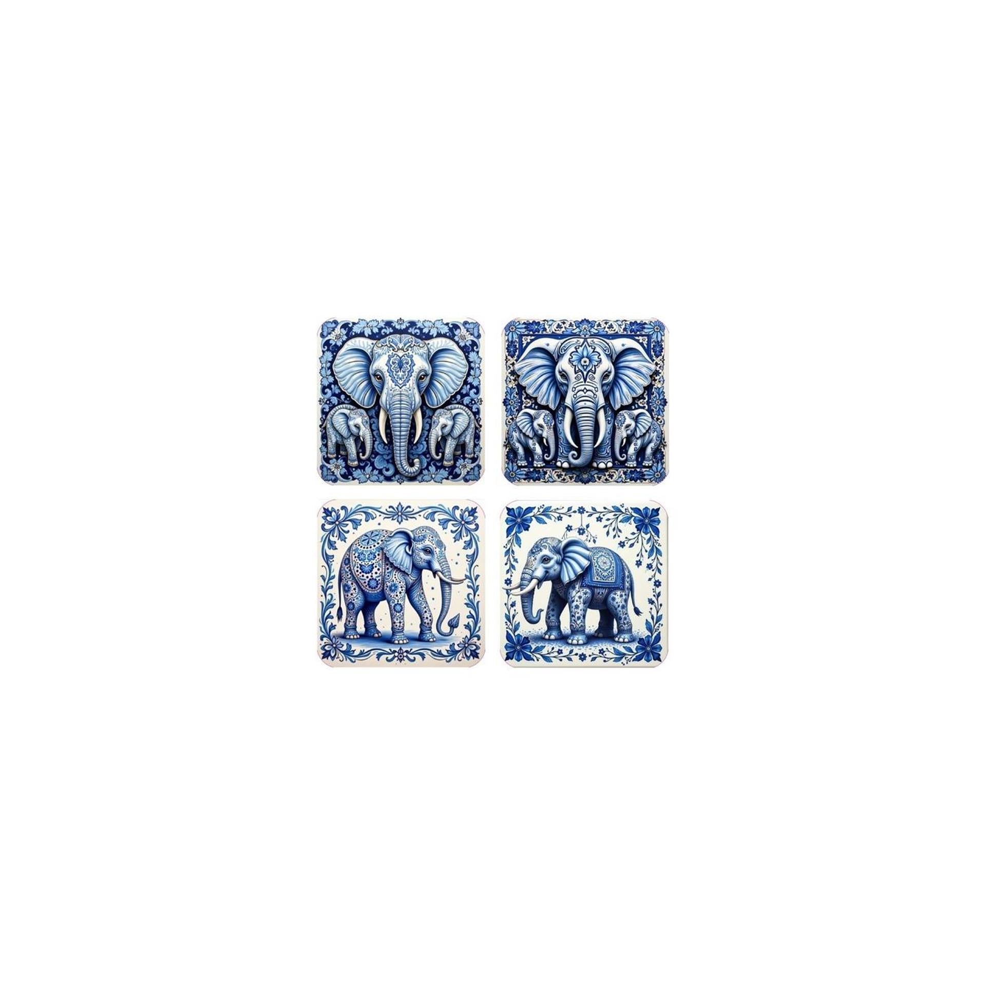 Dessous de verre éléphant bleu blanc lot de 4 pcs