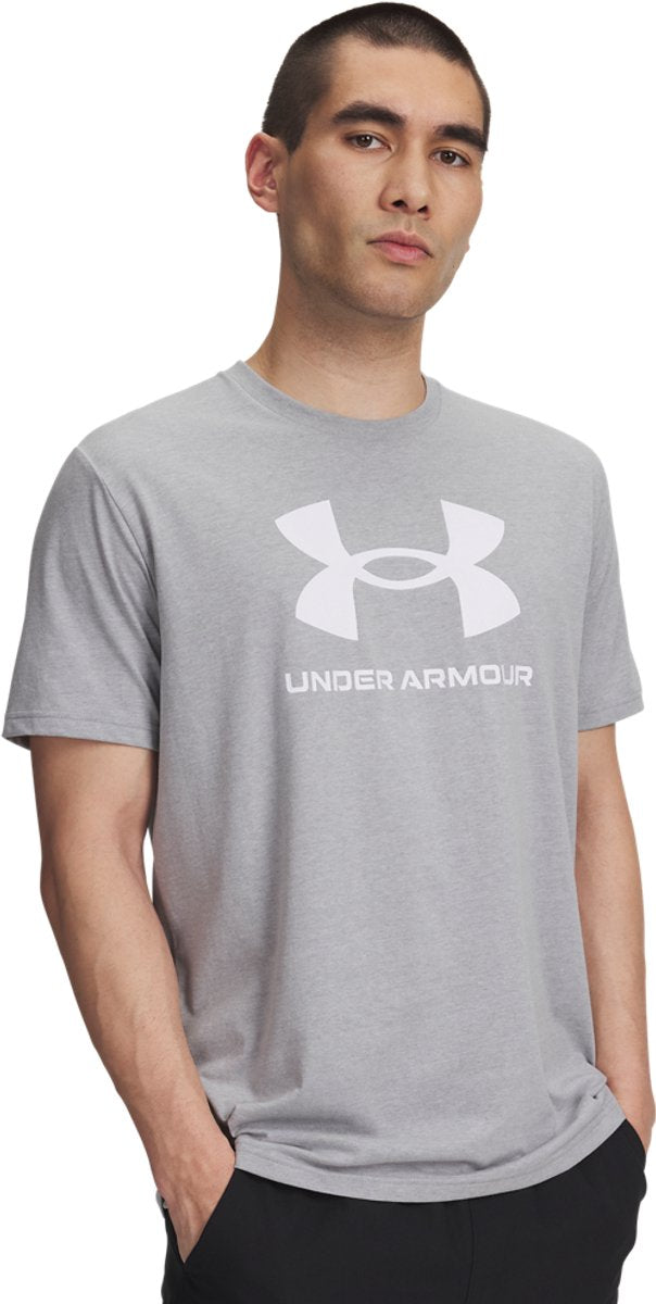 Under Armour UA Sportstyle Logo Update SS-Gry Chemise de sport pour hommes - Steel Light Heather - Blanc