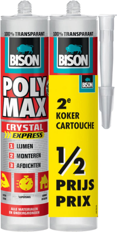 Bison poly max crystal express tube 2x 300 grammes - emballage duo, 2ème tube à moitié prix, colle de montage transparente, collage, montage et scellement, technologie SMP unique, sans solvant, intérieur et extérieur, presque toutes surfaces