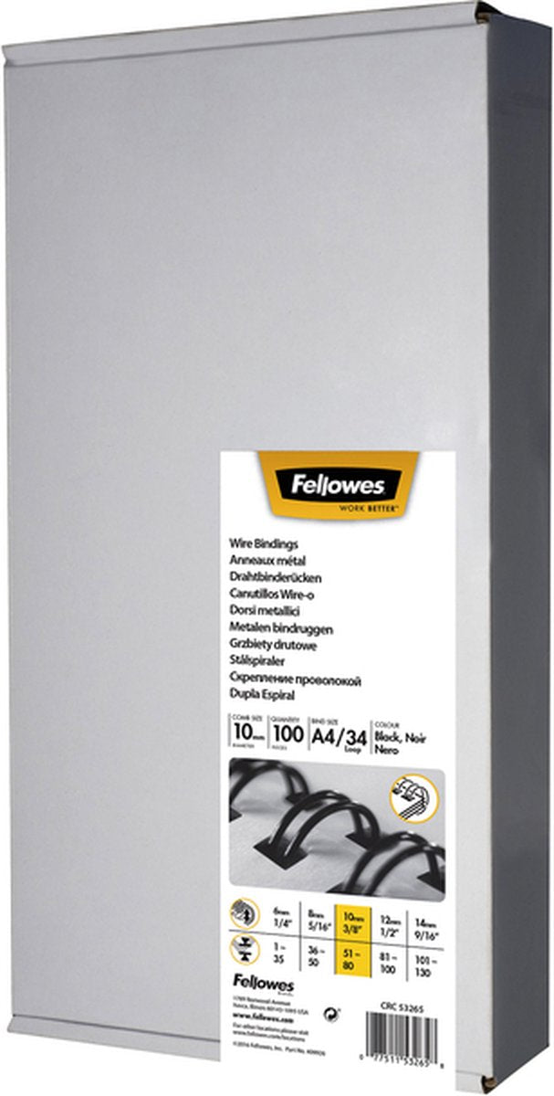 Pack 100 peignes de reliure noirs 53265 Fellowes a4 10mm