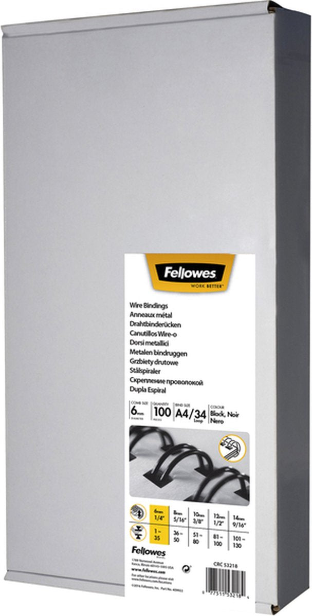 Reliure métallique Fellowes, dos 6 mm noirs, 100 pièces