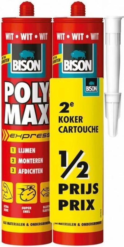 Bison poly max express blanc 2x 425gr, emballage duo, 2ème tube à moitié prix, - colle de montage, collage, montage et scellement, technologie unique SMP, sans solvant, intérieur et extérieur, presque toutes surfaces