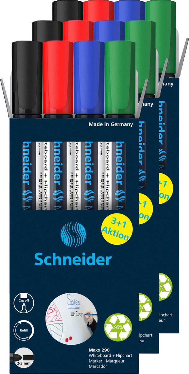 Instruments d'écriture Schneider marqueurs pour tableau blanc Schneider - maxx 290 - pointe ronde - 3 jeux de 4 couleurs - pour tableau blanc - s-399315