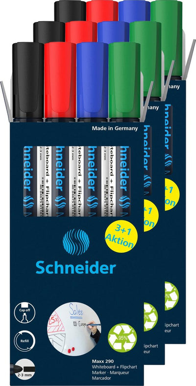 Instruments d'écriture Schneider marqueurs pour tableau blanc Schneider - maxx 290 - pointe ronde - 3 jeux de 4 couleurs - pour tableau blanc - s-399315
