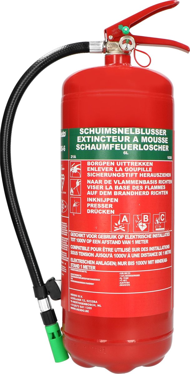 Extincteur Alecto BS-6 - extincteur à mousse 6 litres - classe de feu AB - avec support de suspension