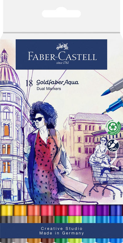 Faber-castell - marqueur aquarelle duo goldfaber - étui 18 pièces - pinceau 0,6 mm - fc-164618