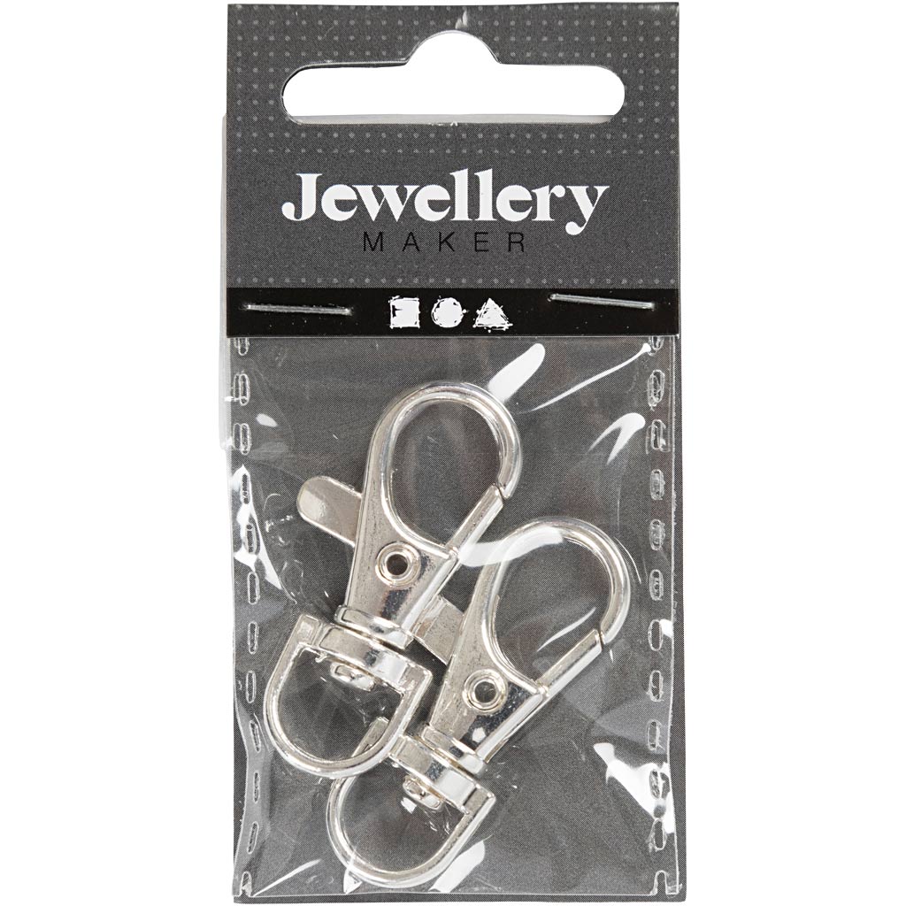 Fermoir mousqueton Creativ company, grand, h : 37 mm, l : 14 mm, d 37 mm, plaqué argent, 2 pièces 1 boîte
