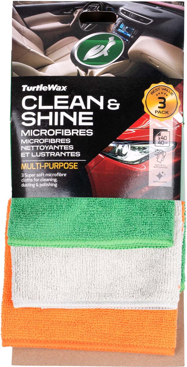 Microfibres Turtle Wax Clean Shine - mélange de polyester et de polyamide - enlève en toute sécurité les vernis, cires, revêtements et mastics - pour toutes les surfaces transparentes - lavable en machine - 3 pièces - 40x60cm
