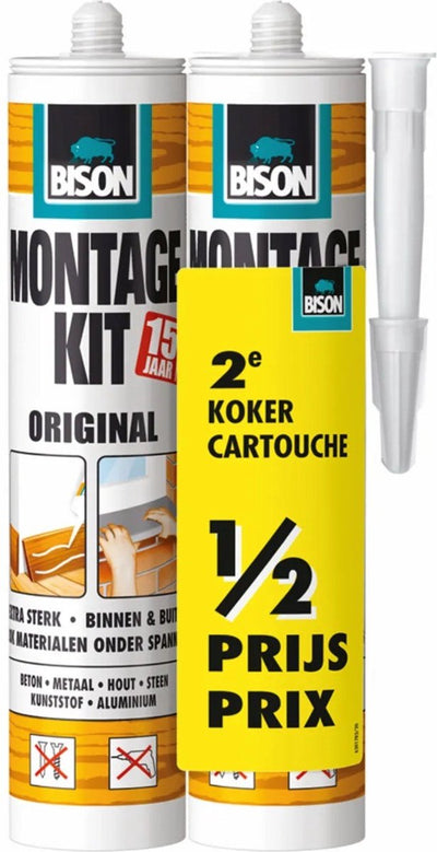 Kit de montage Bison tube d'origine 2x 350 g, emballage duo, 2ème tube à moitié prix, colle de montage, montage, haute résistance finale, intérieur et extérieur, élasticité permanente, extra fort, remplissage facile à utiliser
