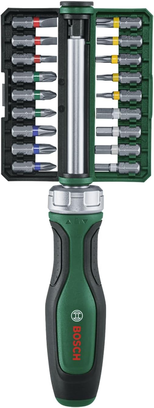 Tournevis à cliquet vert Bosch 18 embouts (tournevis à embout à cliquet, embout 18x (ph1, ph2, ph3, pz1, pz2, pz3, sl4, sl5, sl6, tx10, tx15, tx20, tx25, tx30, hex3, hex4, hex5, hex6)) - 1600a02z9a