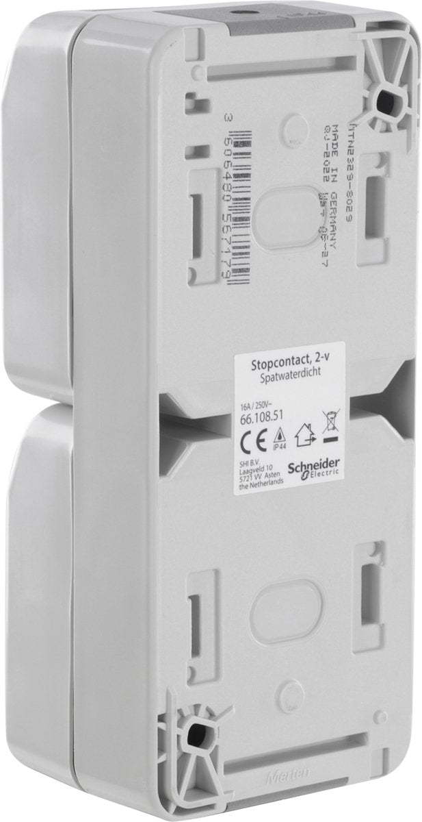 Prise Schneider electric merten aquastar - résistante aux éclaboussures - montage en saillie - 2 voies - mise à la terre - verticale - ip44 - gris