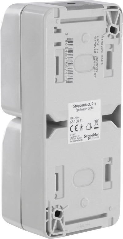 Prise Schneider electric merten aquastar - résistante aux éclaboussures - montage en saillie - 2 voies - mise à la terre - verticale - ip44 - gris