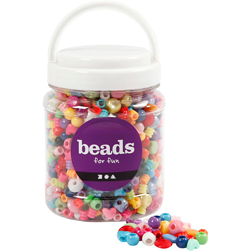 Perles en plastique Creativ Company, taille 6-20 mm, taille du trou 1,5-6 mm, env. 1175 pièces, 390 g, 700 ml 1 boîte
