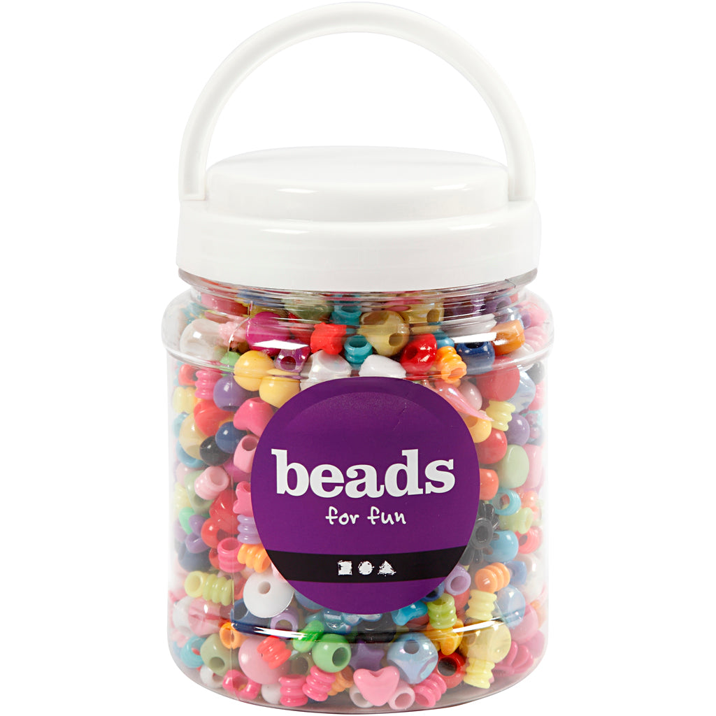 Perles en plastique Creativ Company, taille 6-20 mm, taille du trou 1,5-6 mm, env. 1175 pièces, 390 g, 700 ml 1 boîte