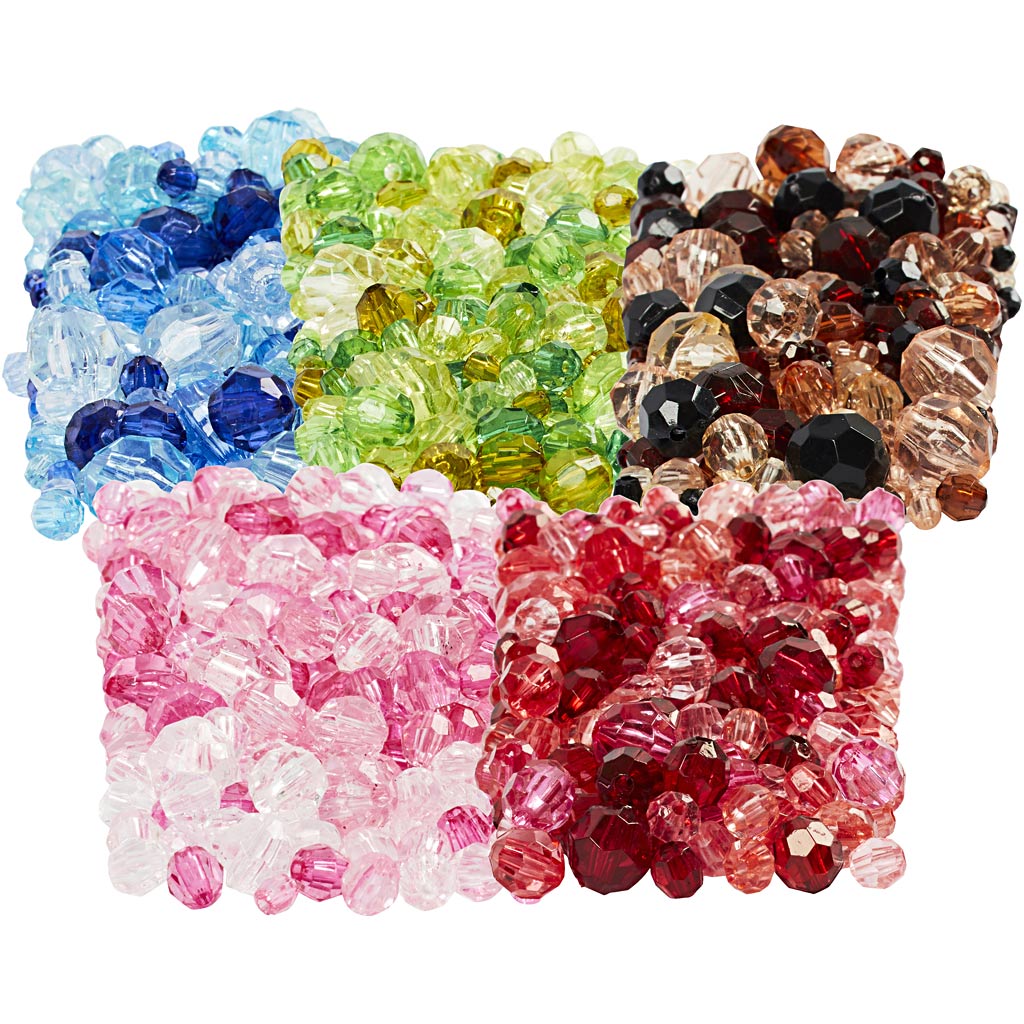 Perles de facettes de la société Creativ, D 4-12 mm, Taille du trou 1-2,5 mm, différentes couleurs, 7x250 GR 1 Boîte