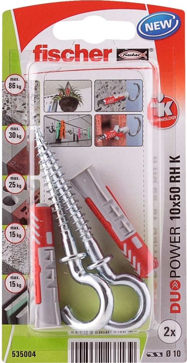 Série Fischer duopower - fiche universelle avec crochet rond - 10x50mm - lot de 2 - gris rouge